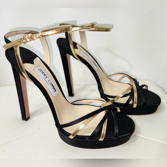 JIMMY CHOO GORGEOUS BLACK SATIN & GOLD ANKLE STRAP SANDALS 40.5 - Picture 3 of 16